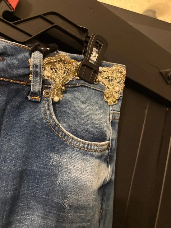 Women's Blue Distressed Jeans with Gold Embroidery - Picture 4 of 5